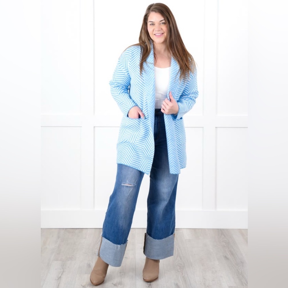 Camille - Blue/White Chevron Women's Open Front Cardigan Sweater - size S - Picture 4 of 14
